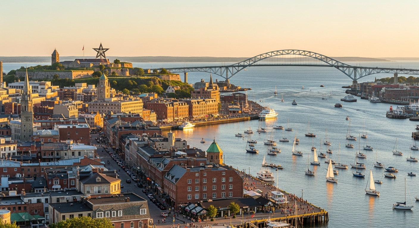 Halifax harbor and downtown skyline at golden hour with Macdonald Bridge