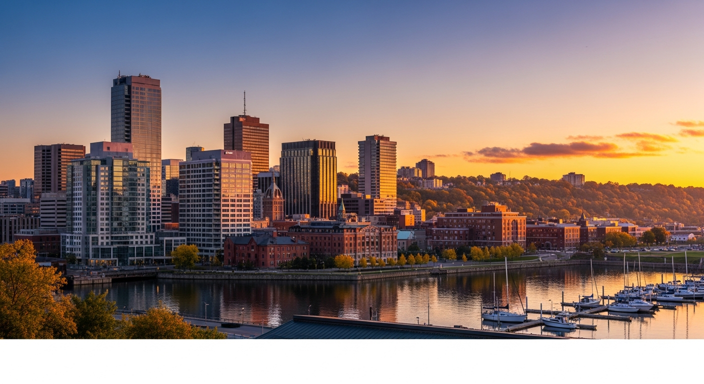 Hamilton Ontario downtown skyline at sunset with Niagara Escarpment in background