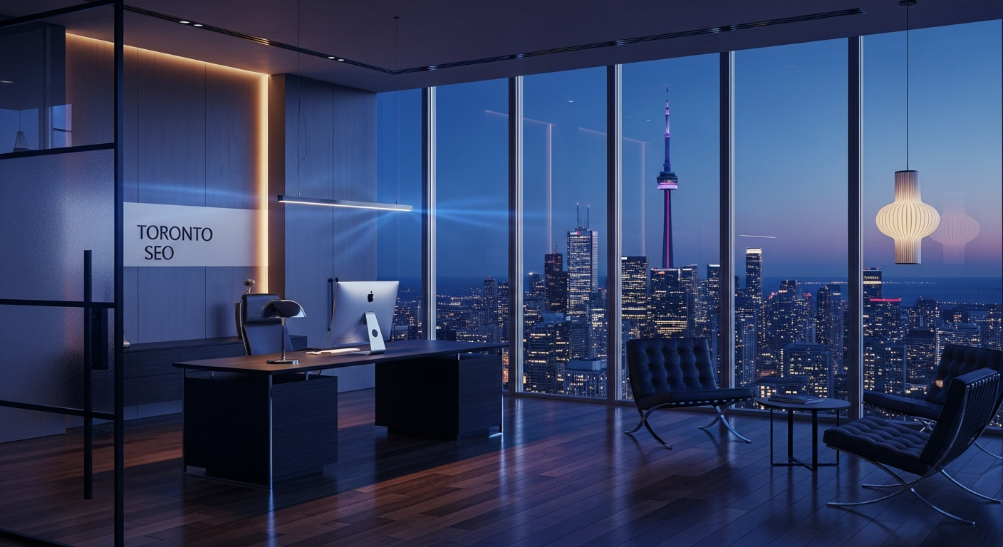 Toronto SEO office overlooking the downtown Toronto skyline at dusk