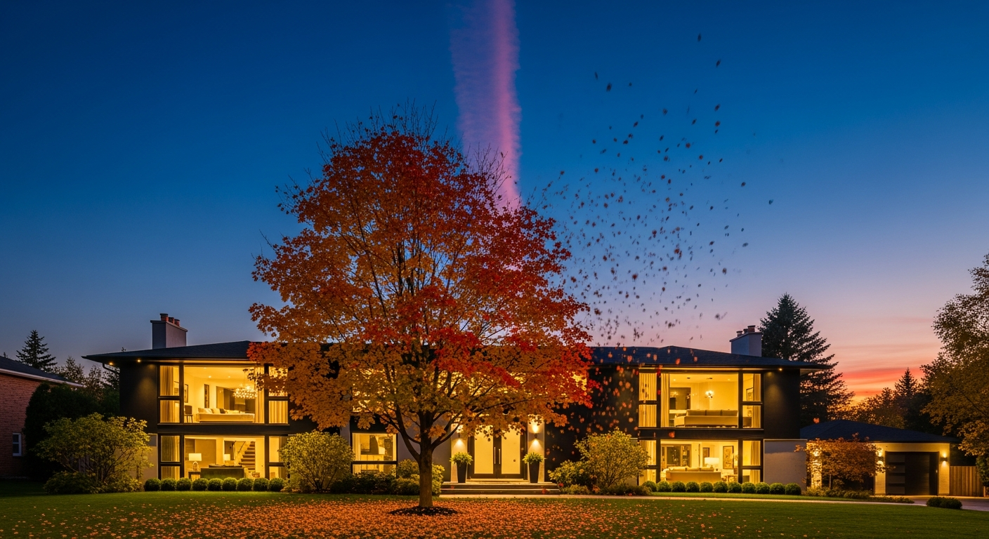 An upscale Toronto suburban detached home exterior at twilight with warm interior lighting