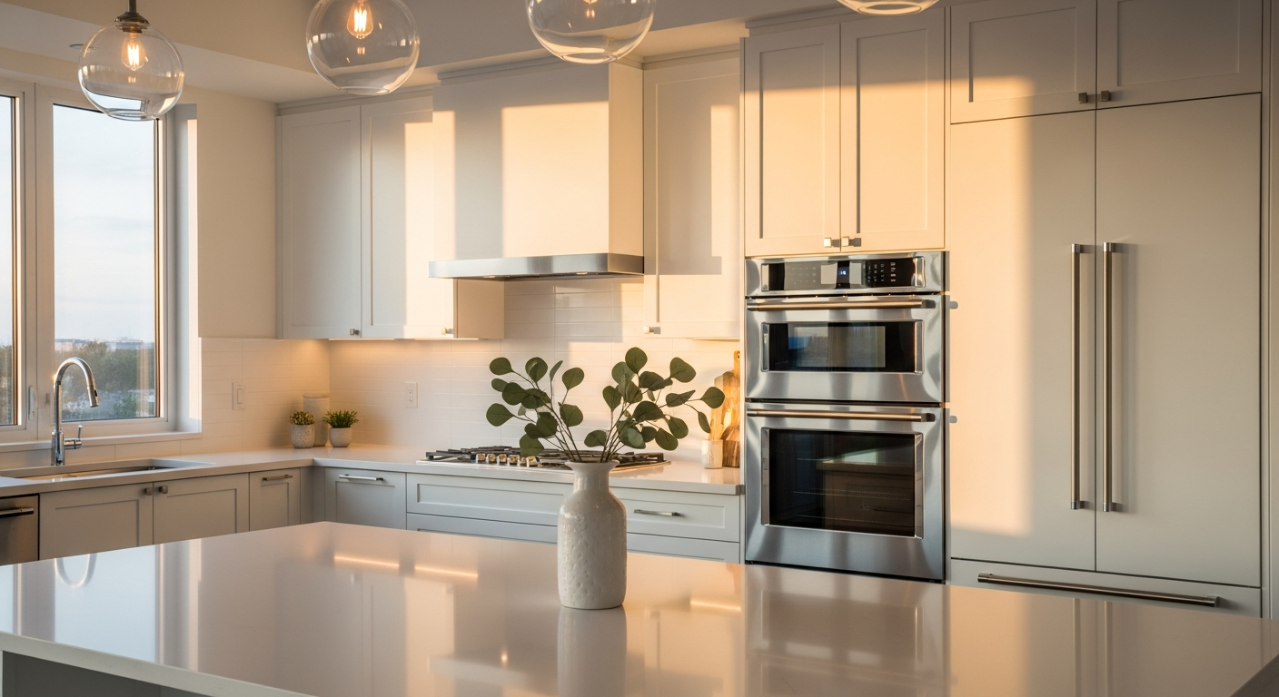 A spotless, freshly serviced modern Toronto kitchen at golden hour