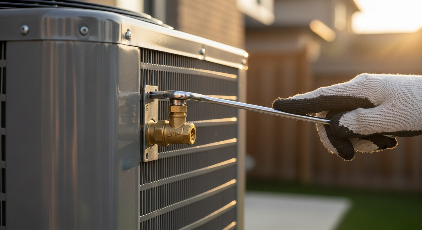 A close-up of a gloved hand servicing a clean modern HVAC condenser unit beside a Toronto home