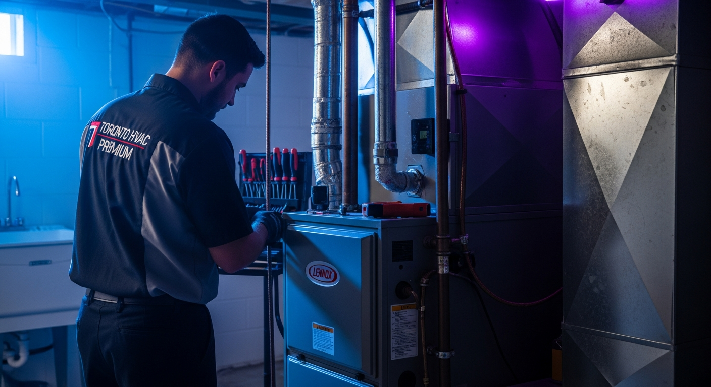 A premium Toronto HVAC technician working on a high-efficiency furnace with sapphire ambient lighting
