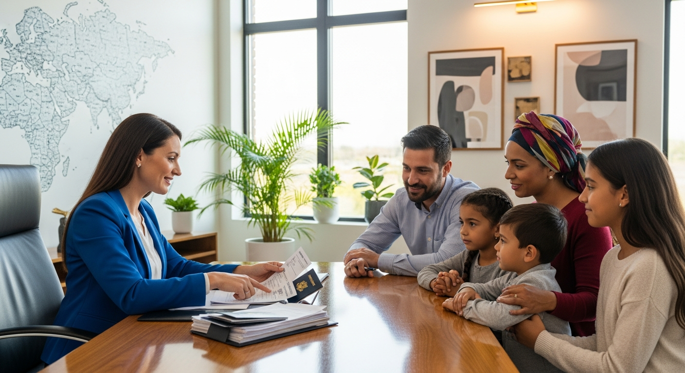 An immigration lawyer reviewing visa applications and passport documents with a hopeful client family in a modern multicultural office, world map subtly visible
