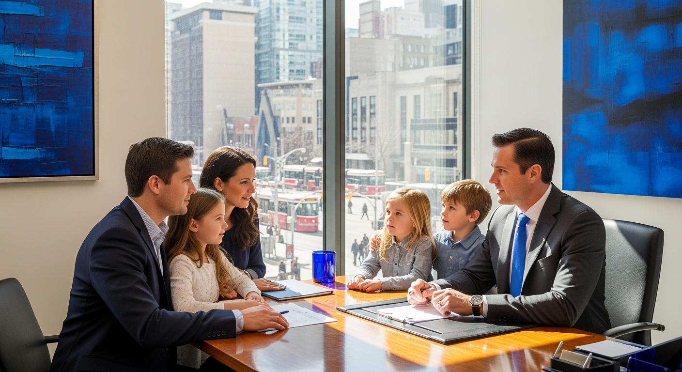 A premium Toronto insurance broker in a modern office consulting a young family with warm natural light