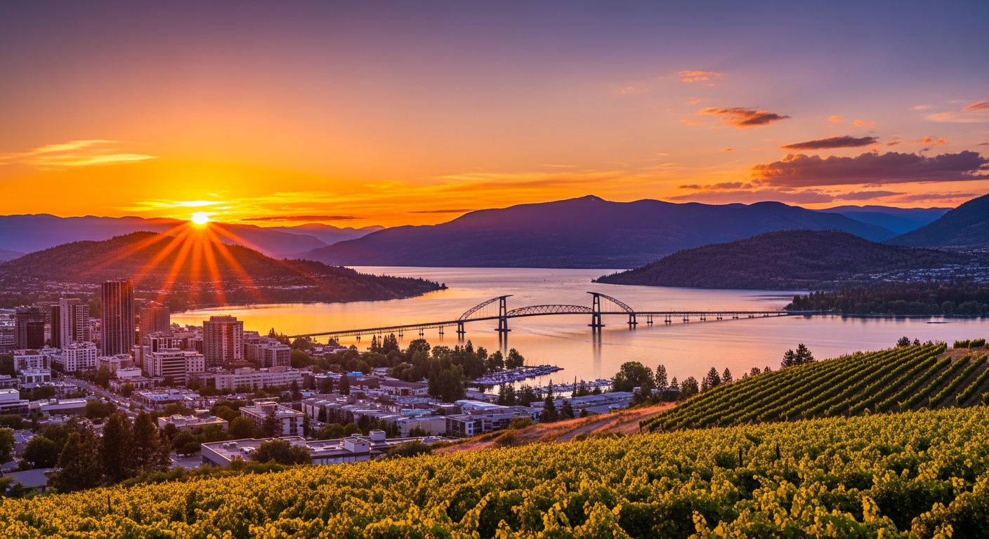 Kelowna BC view of Okanagan Lake at sunset with vineyards and bridge