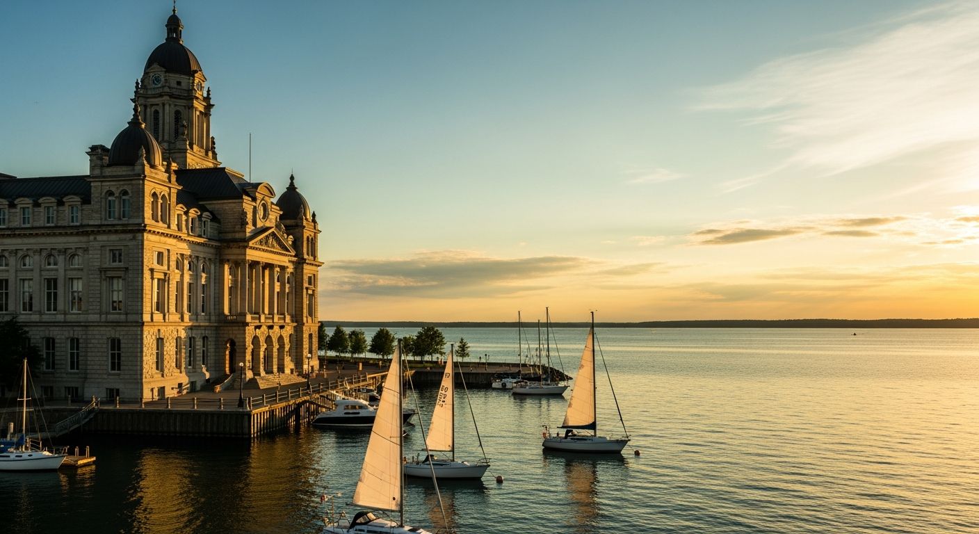 Kingston Ontario waterfront with City Hall and Lake Ontario at golden hour with historic limestone architecture