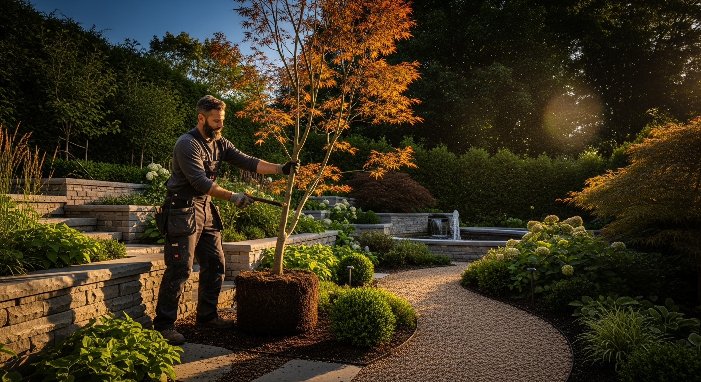 A premium Toronto landscaper transforming a high-end ravine garden in Forest Hill at golden hour