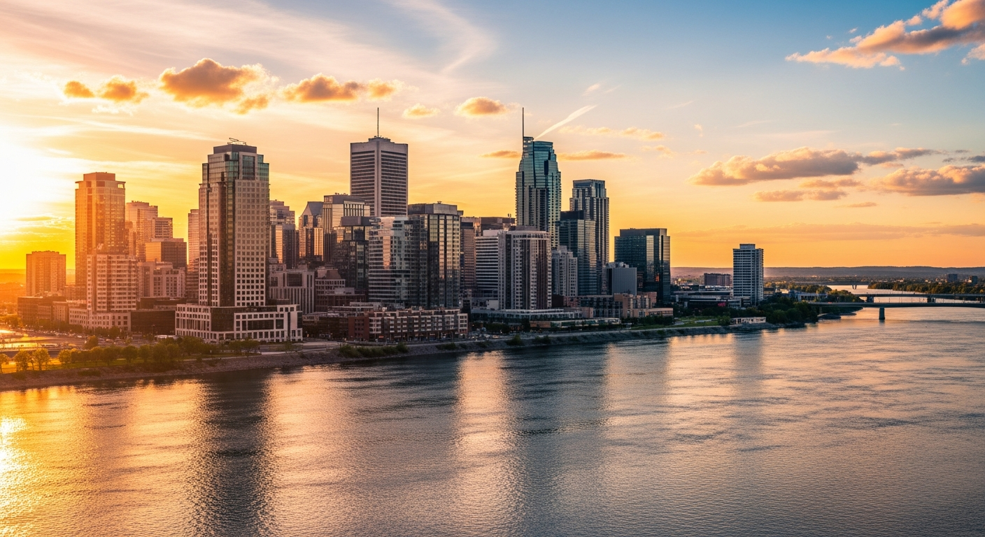 Laval Quebec downtown skyline at golden hour with modern towers and Riviere des Prairies