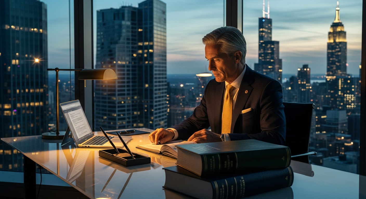A premium law firm partner reviewing case files at a polished glass desk in a modern downtown North American skyscraper office at dusk, city lights below
