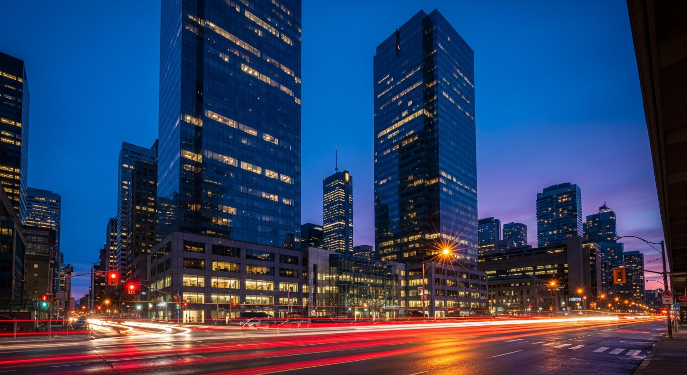 Toronto's Bay Street financial and legal district at dusk