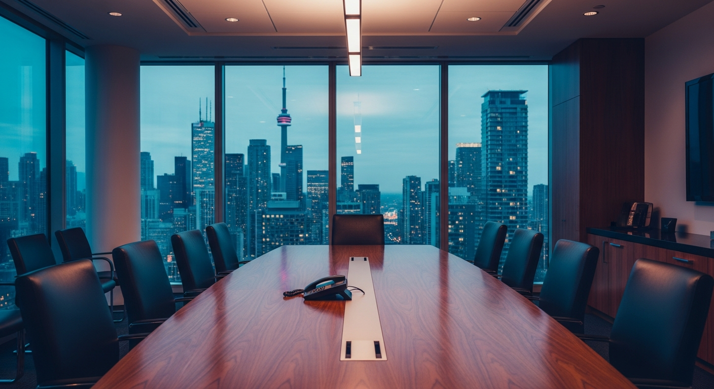A sophisticated empty Toronto law firm boardroom with city views at dusk