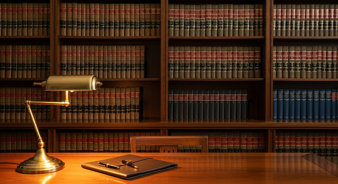 A quiet, premium Toronto law firm library with leather-bound books and a brass desk lamp