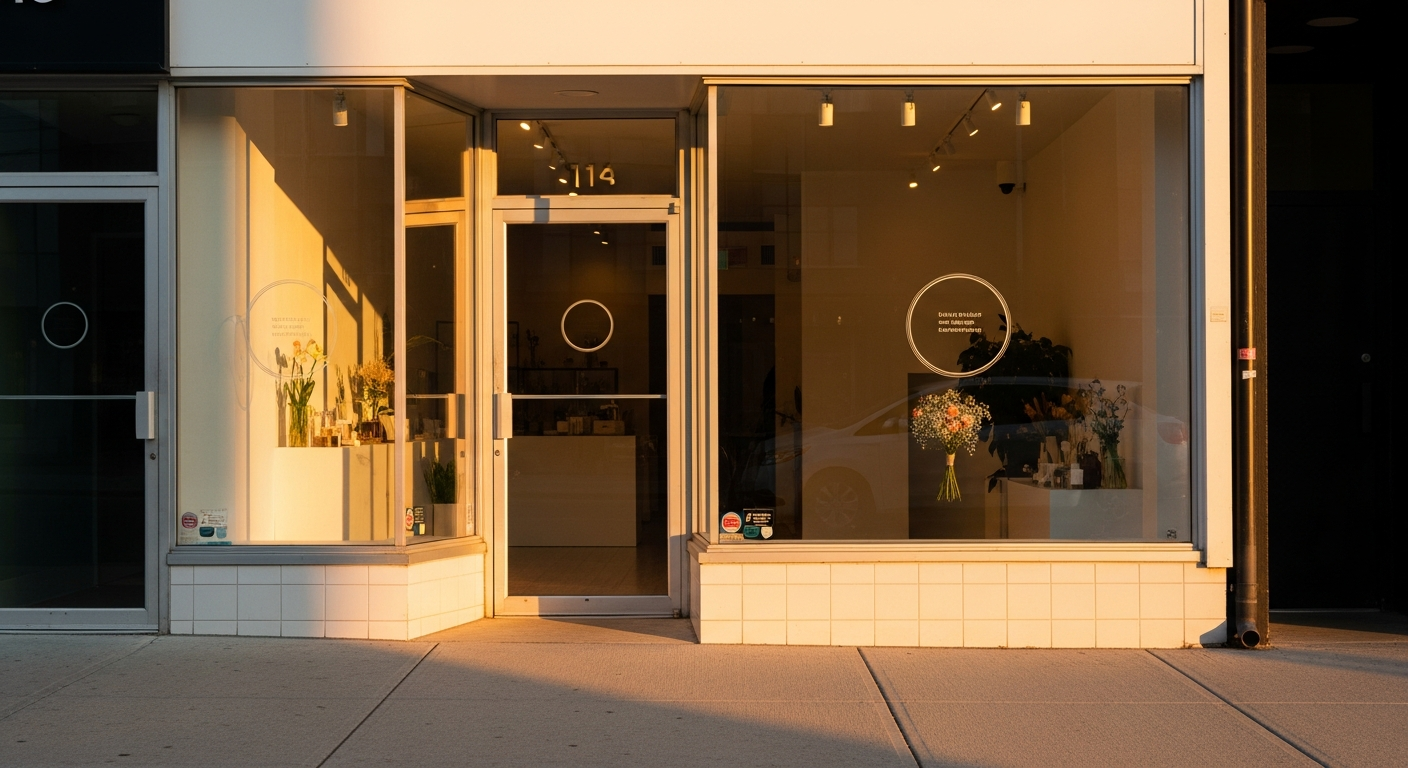 A pristine Toronto small-business storefront at golden hour with warm interior light