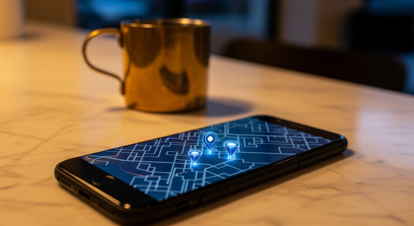 A smartphone on a marble counter showing an abstract dark map with three glowing sapphire pins