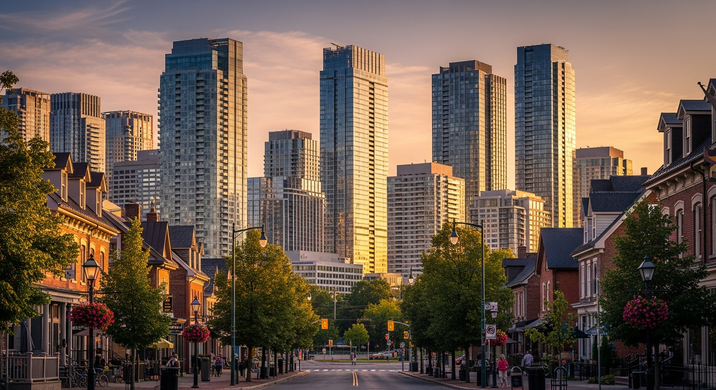 Markham Ontario downtown skyline at golden hour with Unionville historic main street