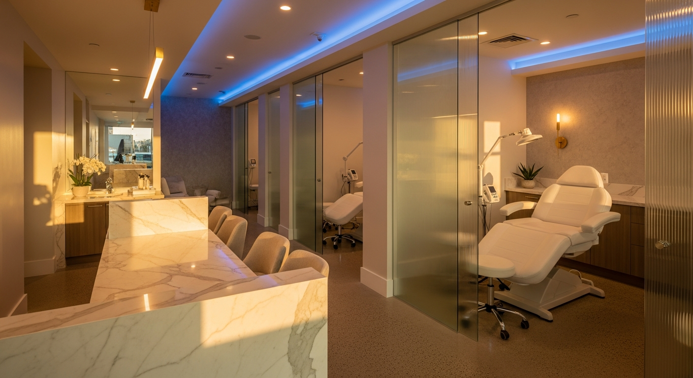 A premium Toronto med spa interior at golden hour with sapphire ambient lighting