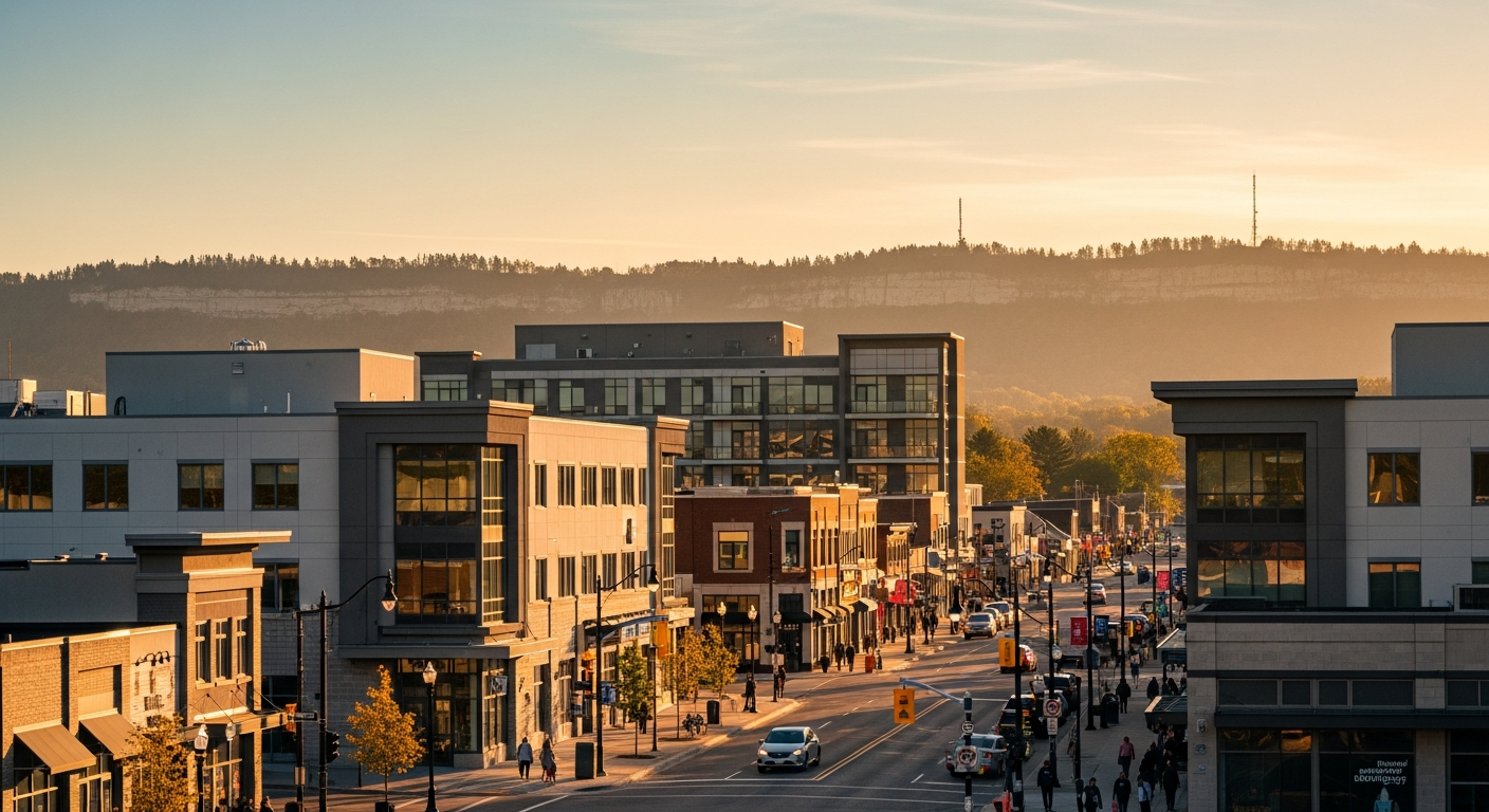 Milton Ontario downtown at golden hour with Niagara Escarpment in background