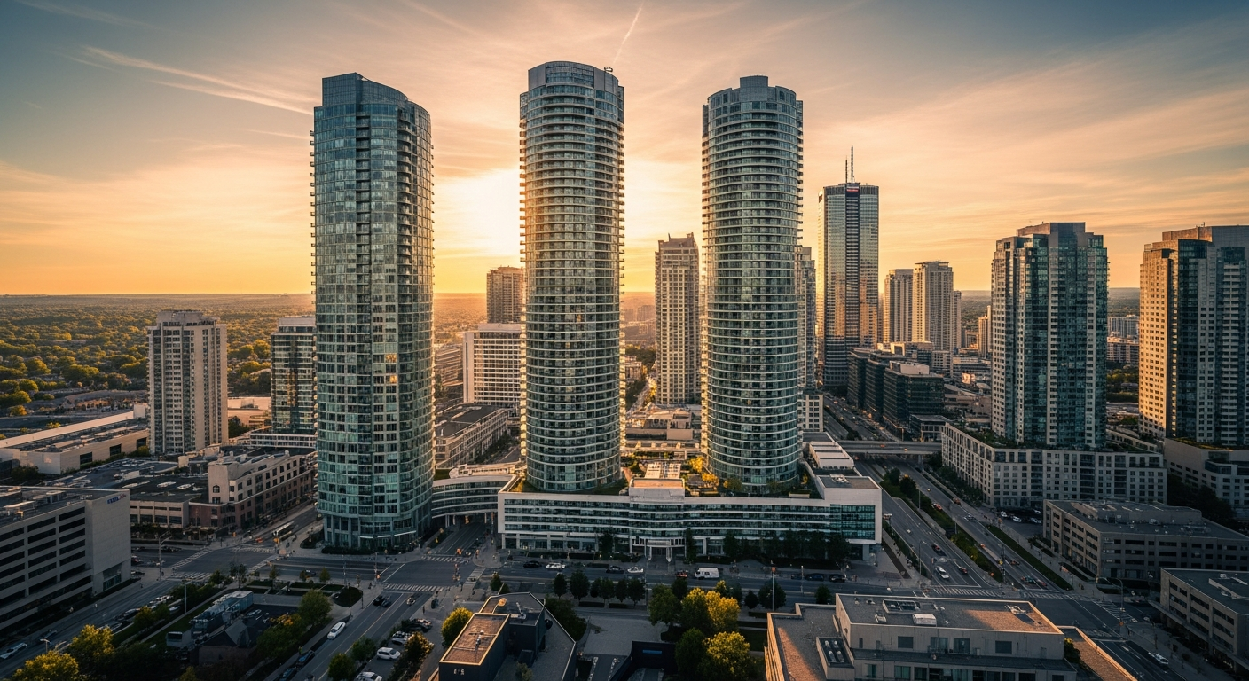 Mississauga Square One area downtown skyline with Marilyn Monroe Towers at golden hour