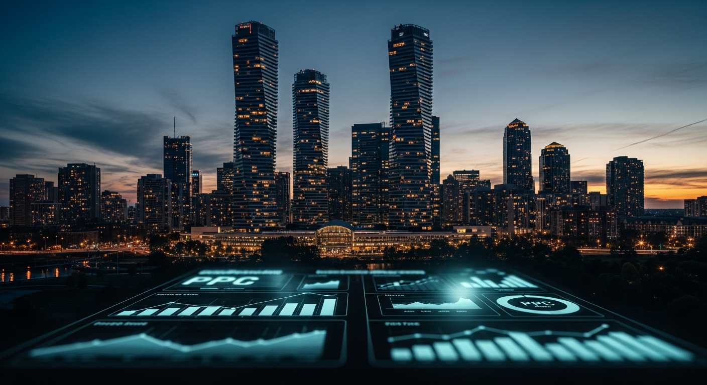 Mississauga downtown skyline with Marilyn Monroe twisting towers at twilight
