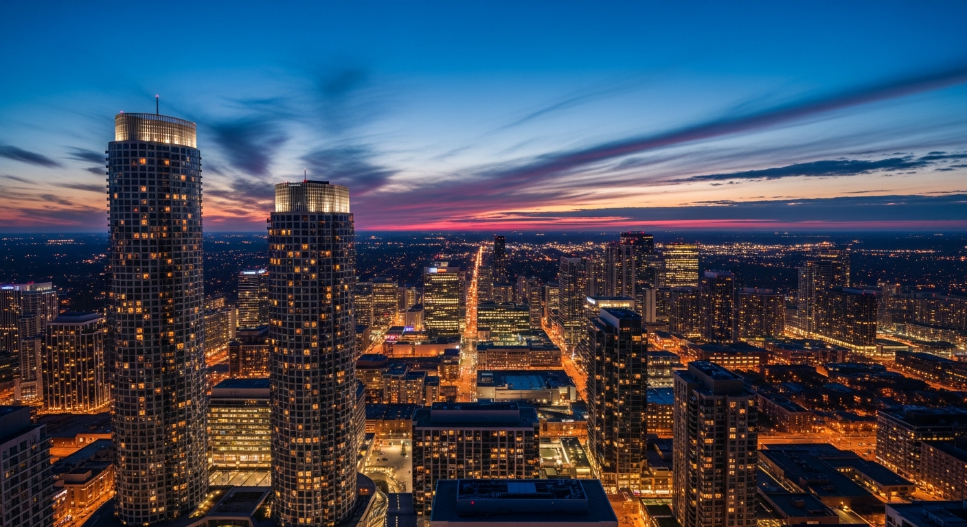 Aerial view of Mississauga at dusk in the Greater Toronto Area