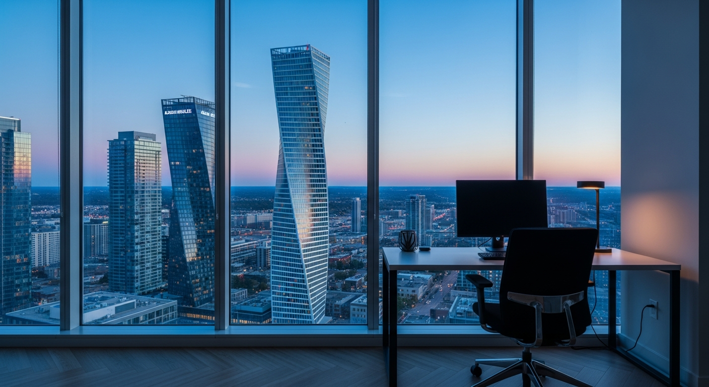 A modern marketing strategist's workspace overlooking Mississauga at dusk