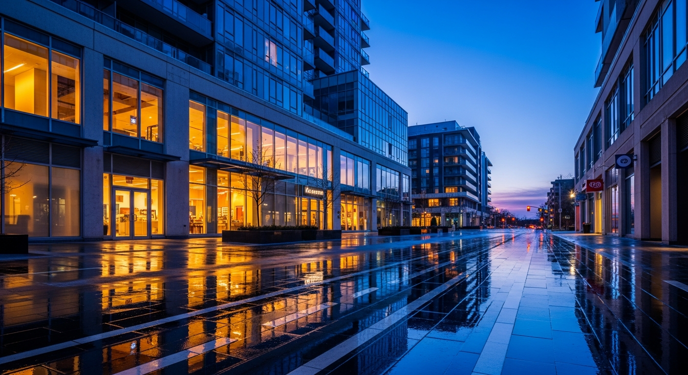 A modern Mississauga streetscape at dusk with warm storefront lighting