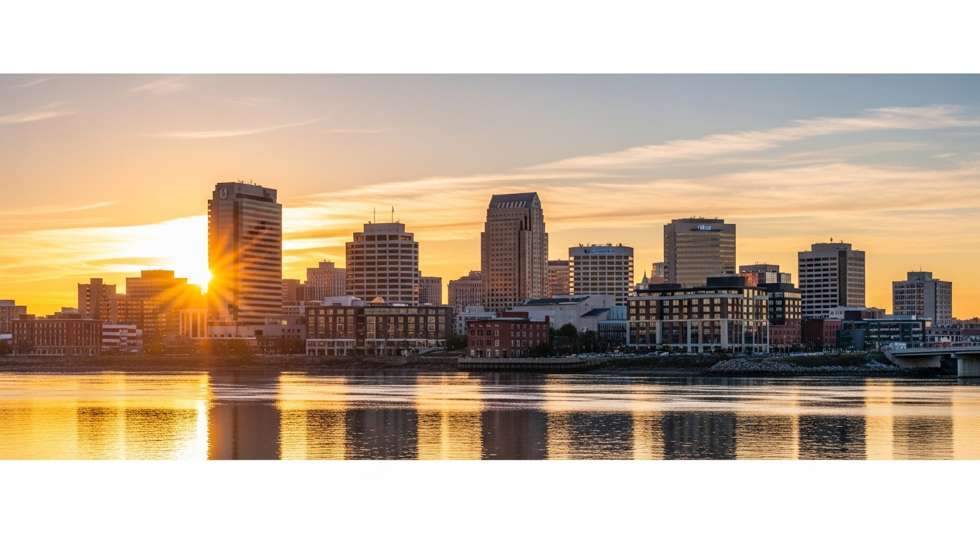 Moncton New Brunswick downtown skyline at golden hour with Petitcodiac River