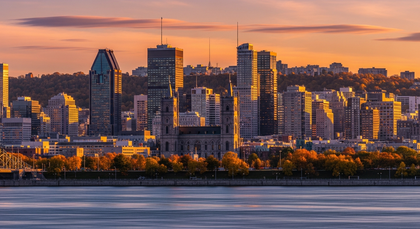 Montreal downtown skyline with Mount Royal in background at sunset