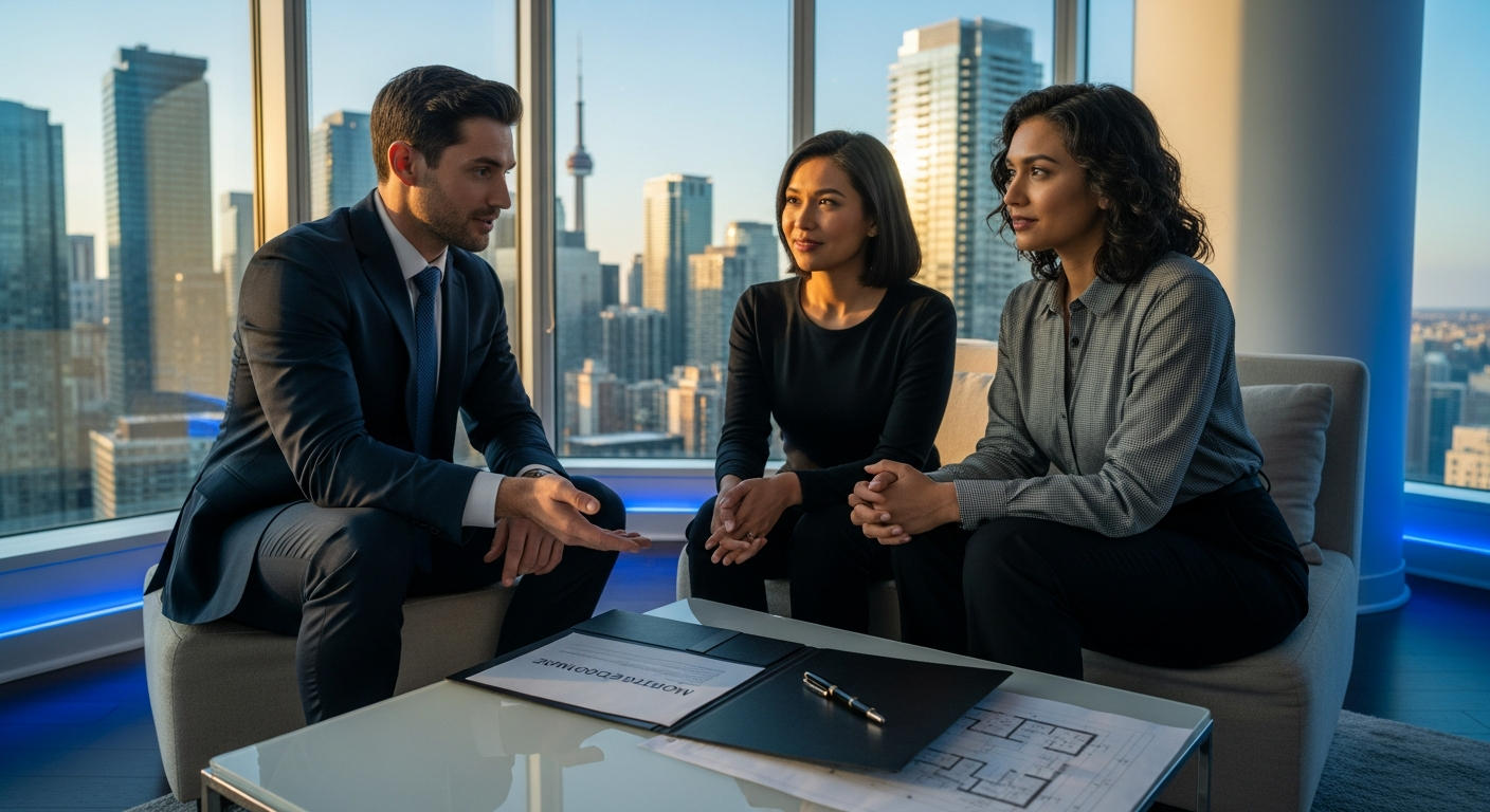 A premium Toronto mortgage broker meeting clients at a luxury downtown condo with skyline views at golden hour