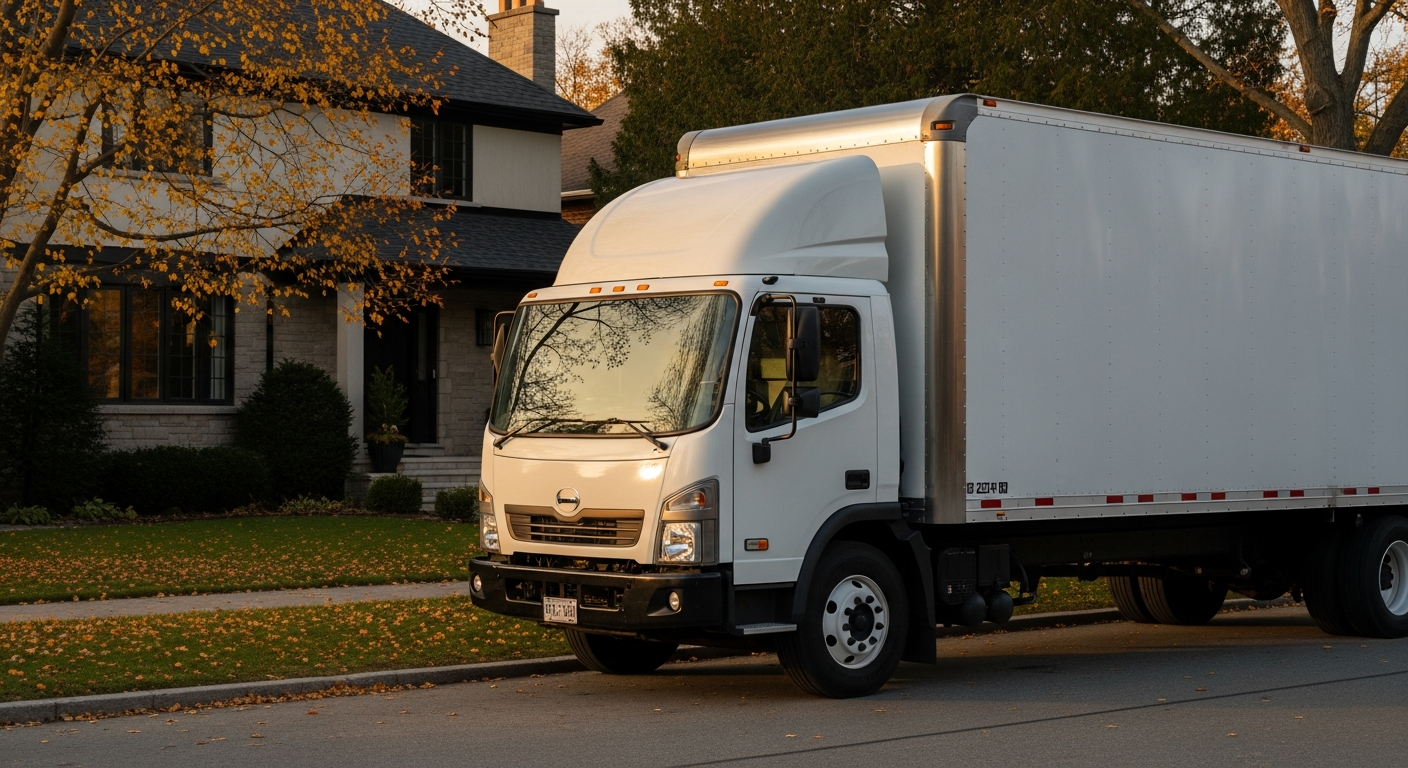 A pristine modern moving truck parked in front of an upscale Toronto detached home at golden hour