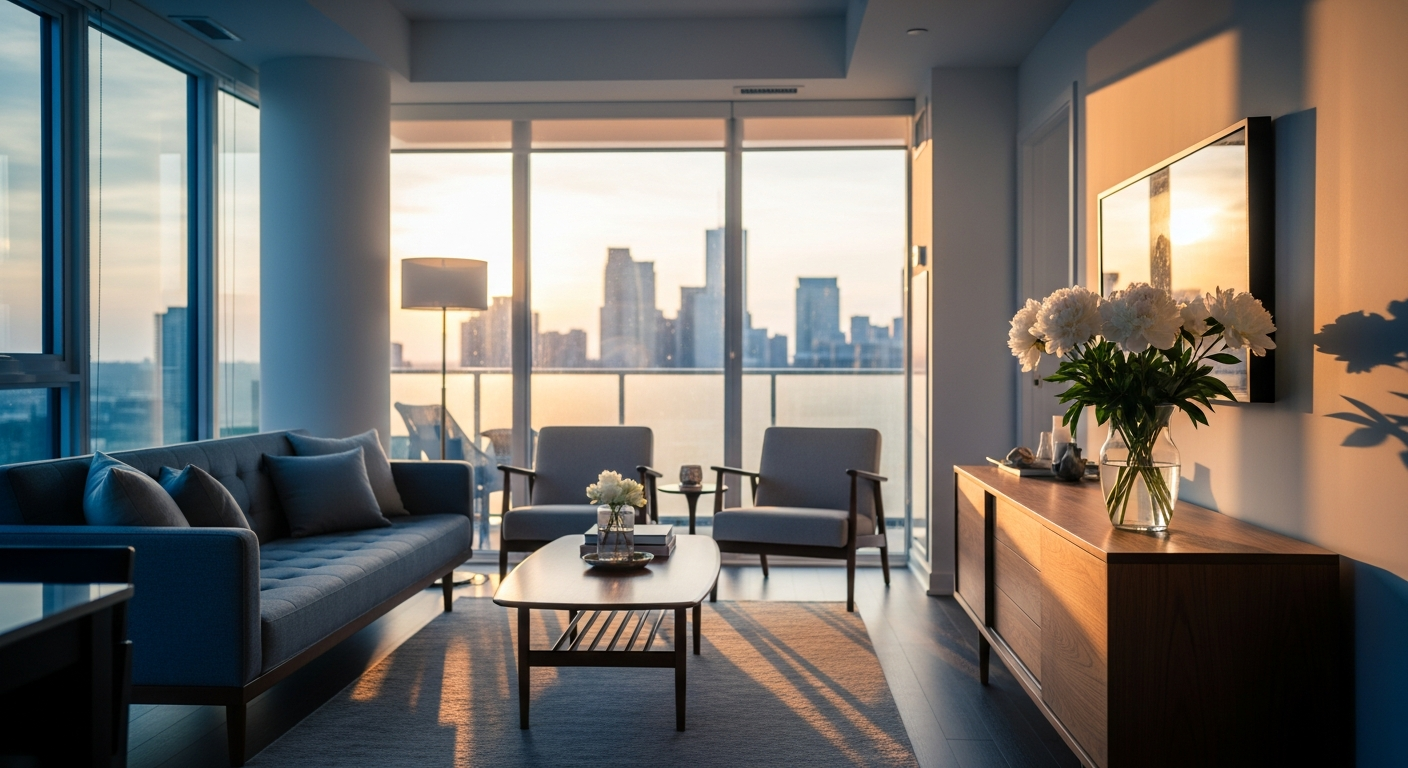A calm, settled-in modern Toronto condo at golden hour after a successful move