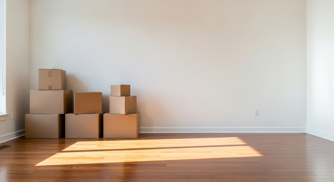 Neatly stacked moving boxes in an empty modern Toronto living room with sunlight pouring in