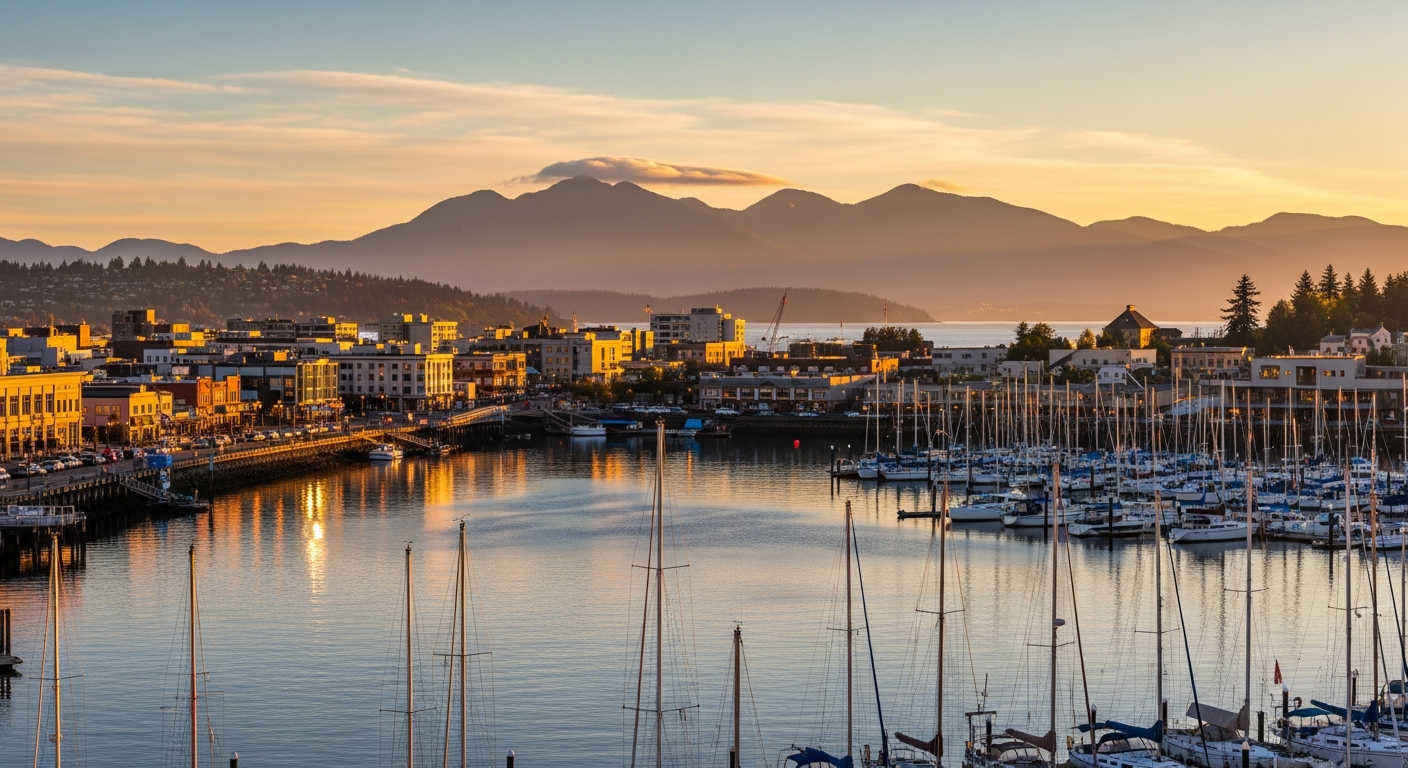 Nanaimo BC harbour and downtown at golden hour with sailboats and mountains