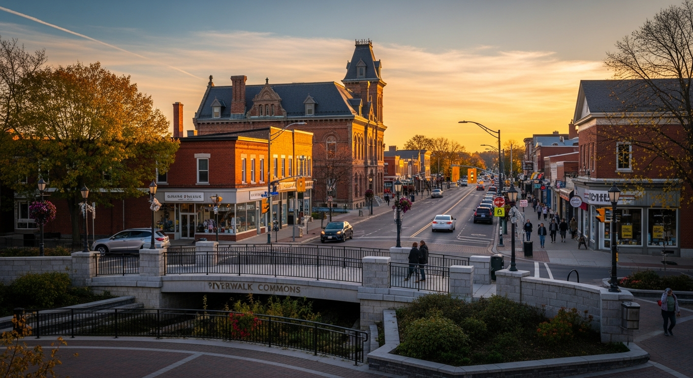 Newmarket Ontario historic Main Street at golden hour with Riverwalk Commons
