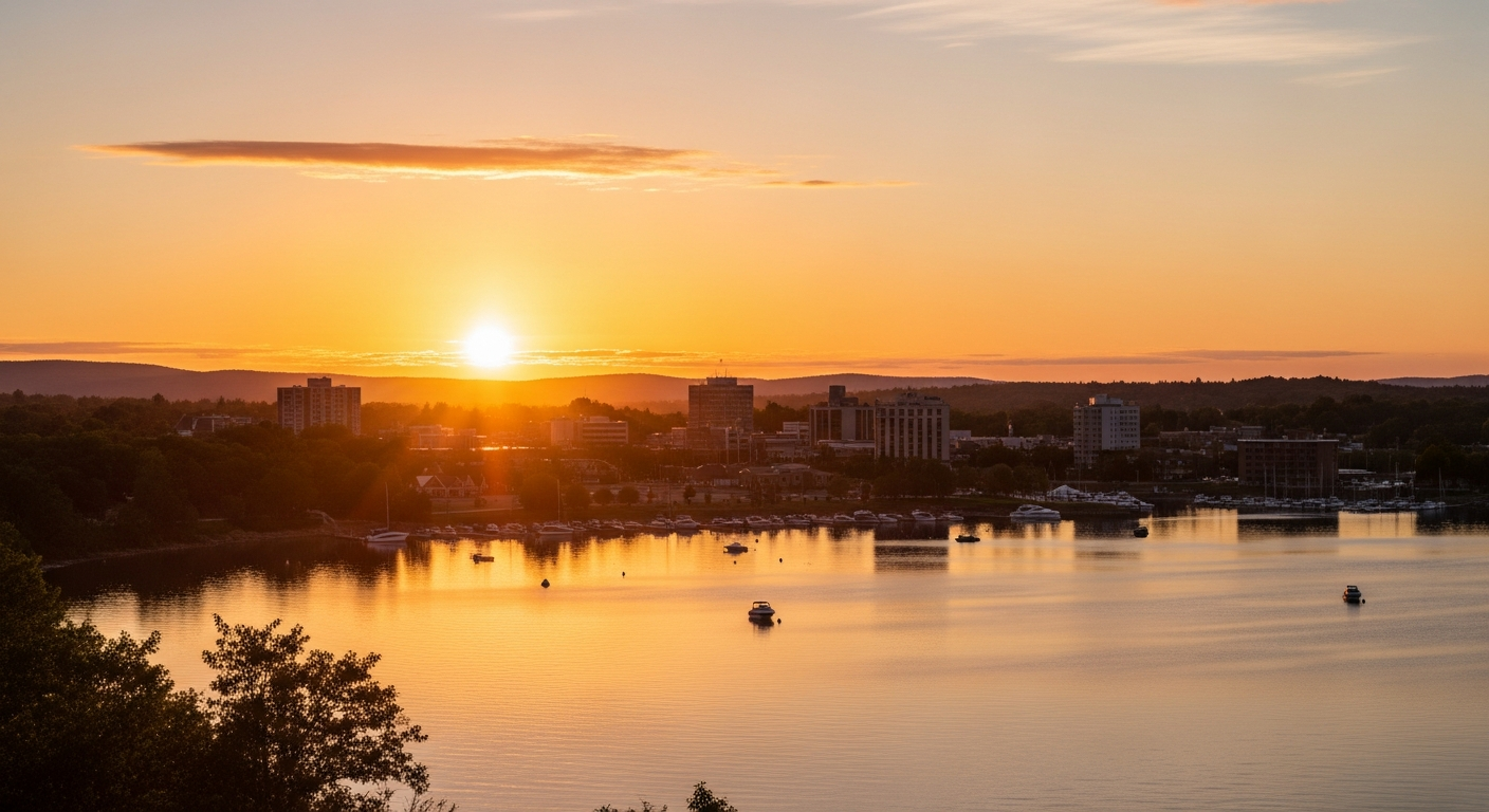 North Bay Ontario waterfront at golden hour with Lake Nipissing and downtown