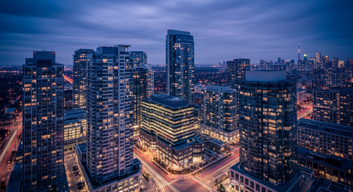 Aerial view of the Yonge and Sheppard skyline in North York, Toronto at dusk