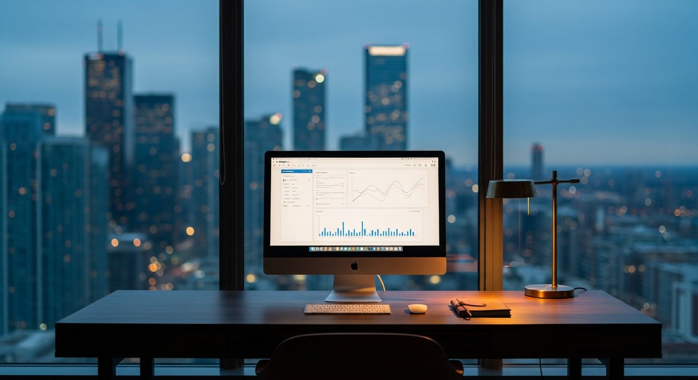 A modern marketing strategist's workspace inside a North York office tower, with the Yonge & Sheppard skyline visible through floor-to-ceiling windows at dusk