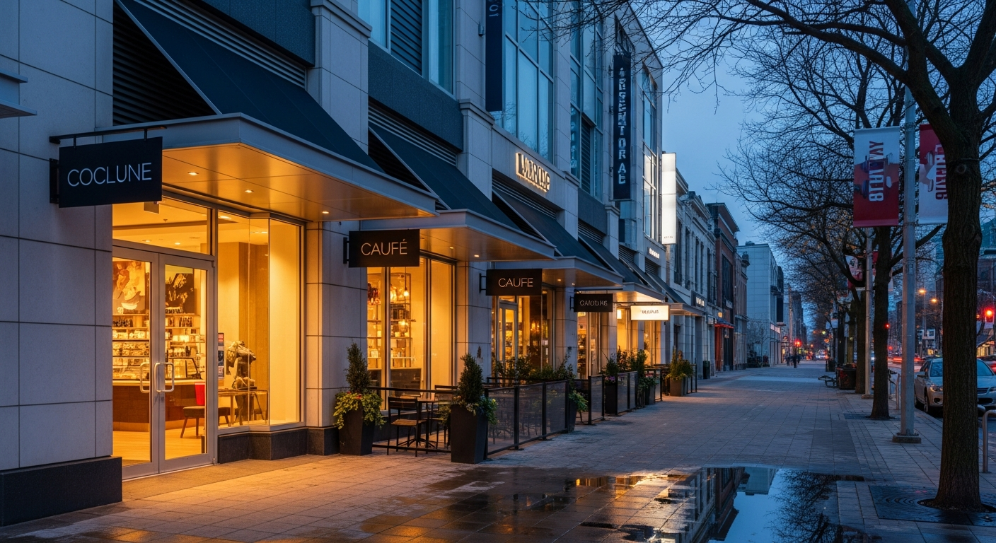A modern North York streetscape near Bayview Village at dusk, with warm storefront lighting