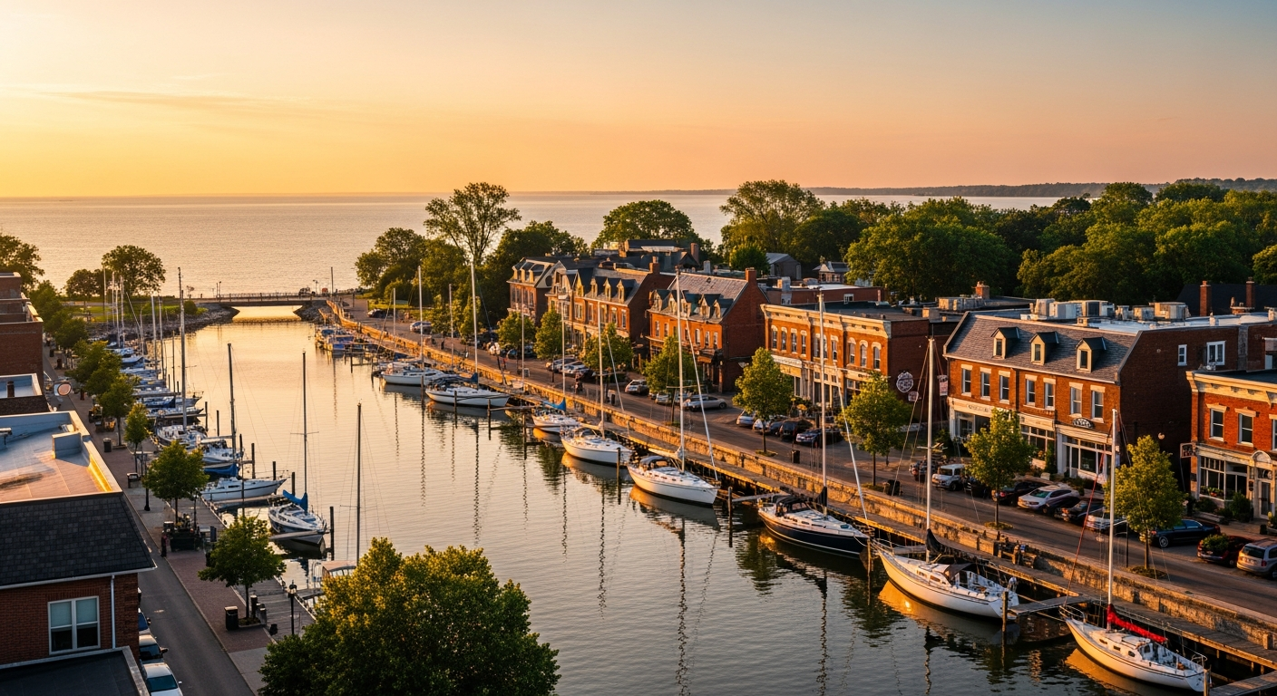 Oakville Ontario downtown harbor at golden hour with sailboats and heritage main street