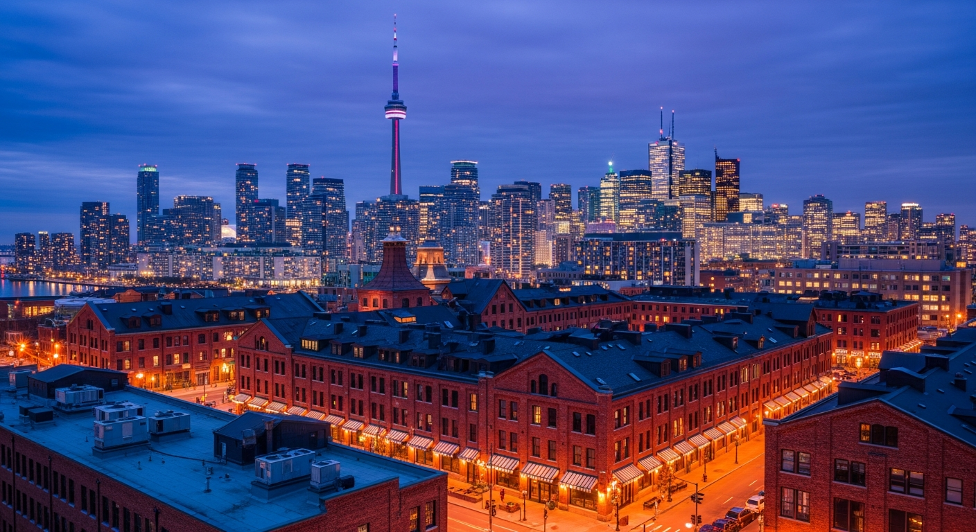 Aerial view of Old Toronto at dusk in the Greater Toronto Area