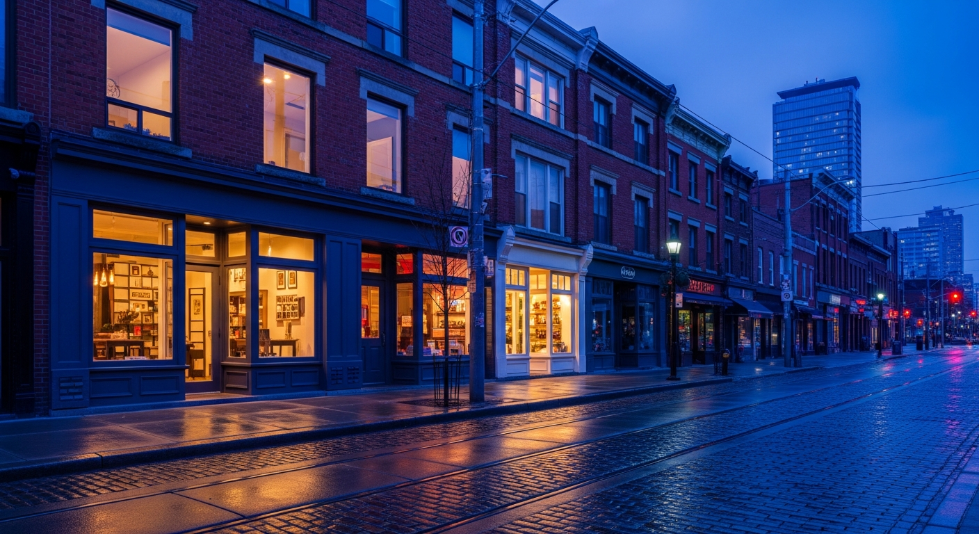 A modern Old Toronto streetscape at dusk with warm storefront lighting