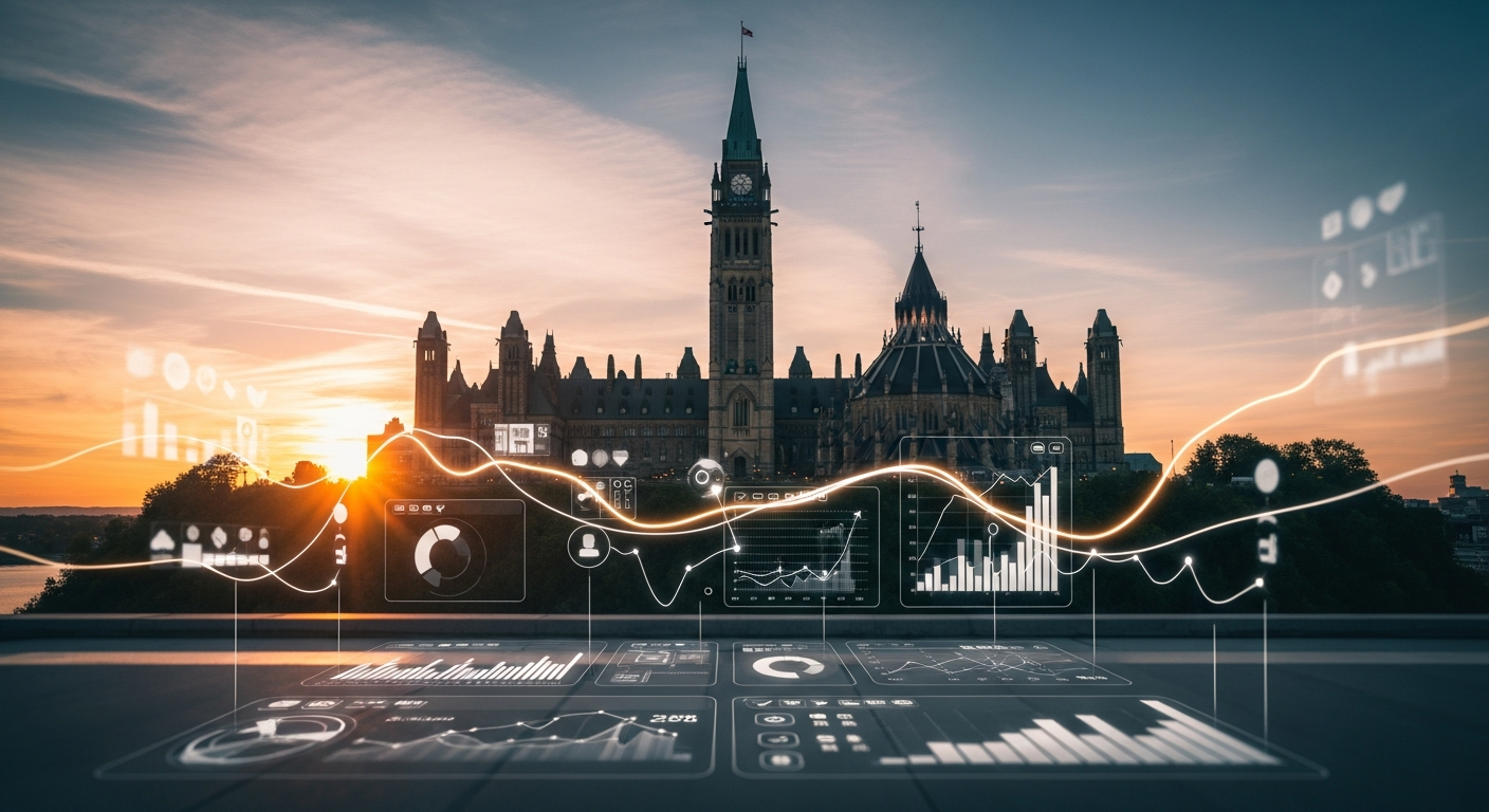 Ottawa Parliament Hill at sunset with digital marketing analytics concept