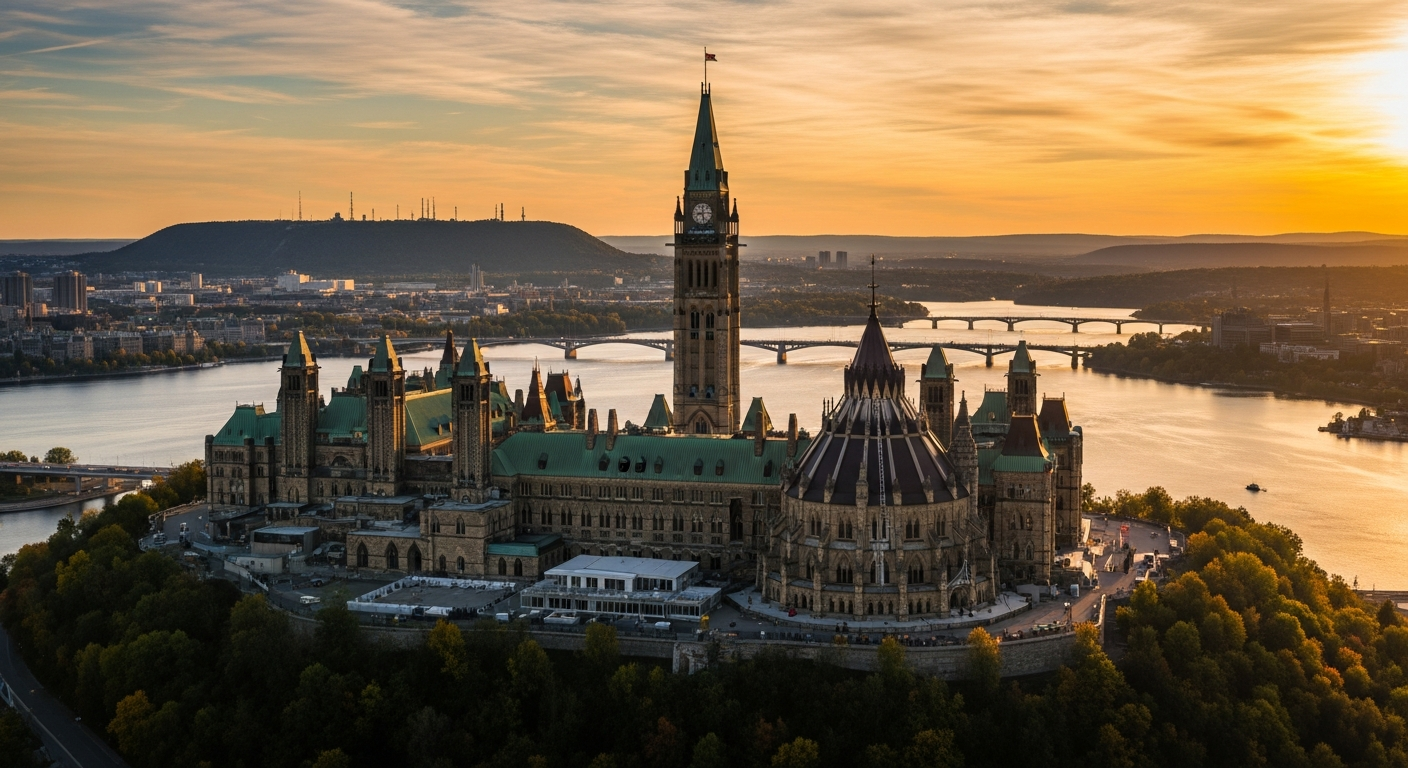 Aerial view of Ottawa Parliament Hill at golden hour with the Peace Tower