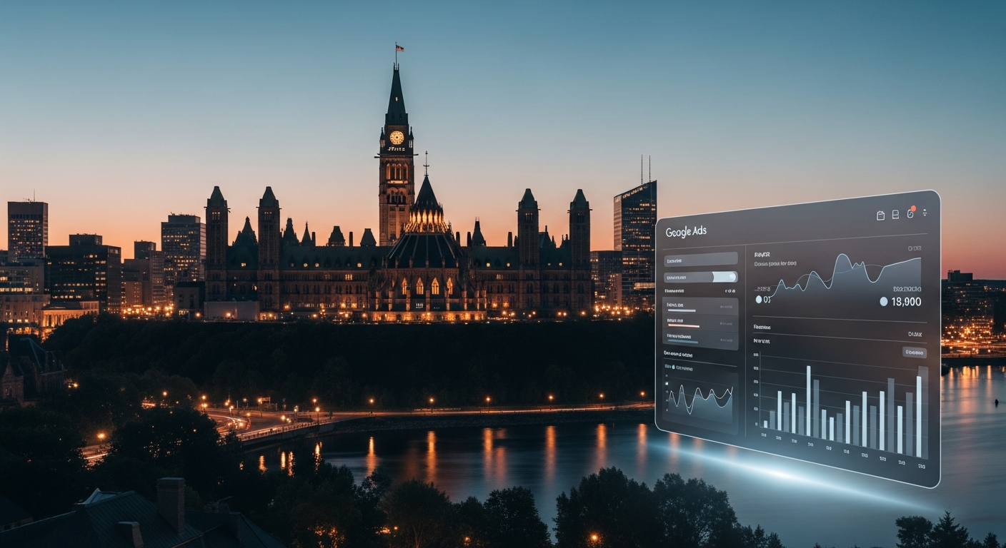 Ottawa Parliament Hill and downtown at twilight with PPC analytics concept