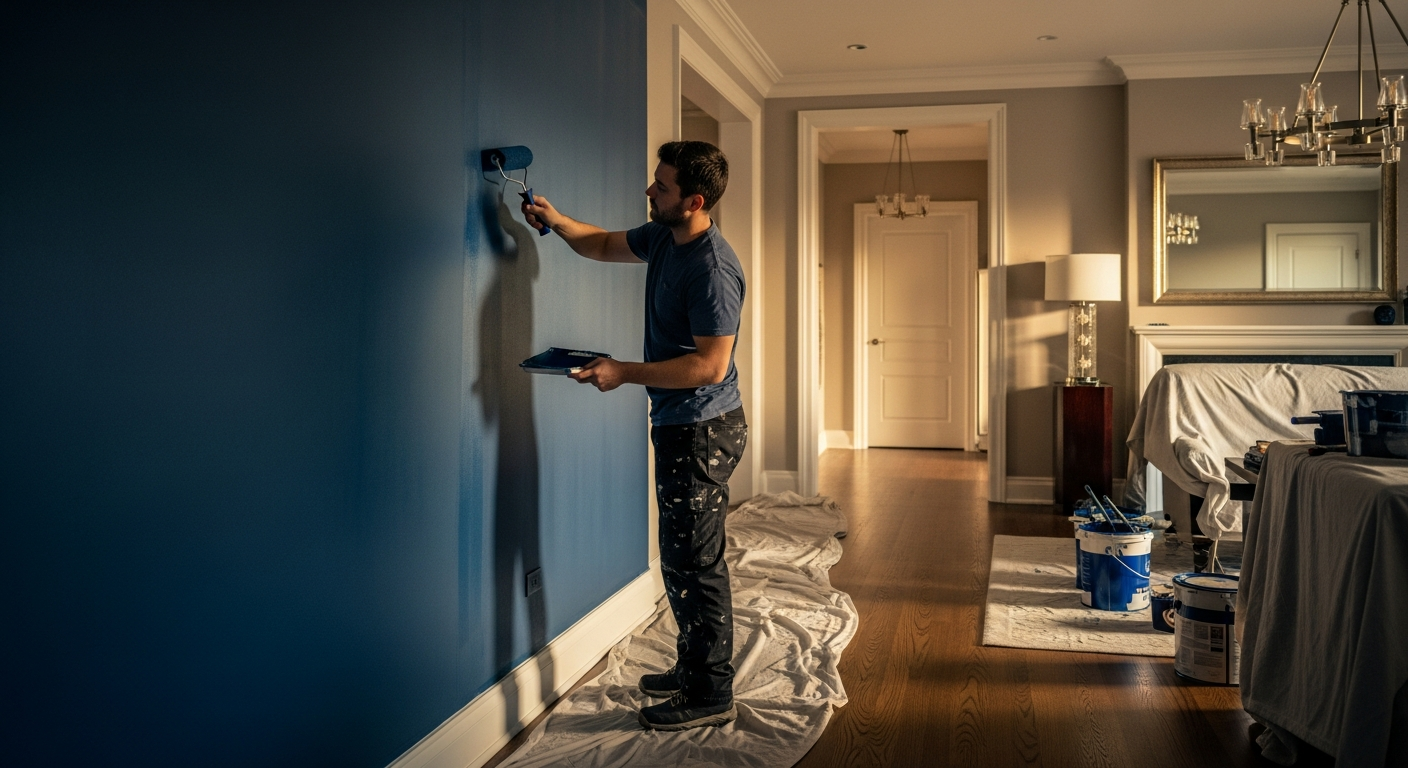 A premium Toronto interior painter rolling a fresh navy accent wall in a luxury Forest Hill home at golden hour