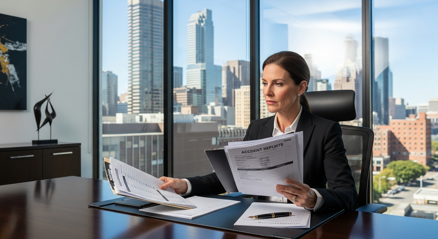 A personal injury law firm partner in a modern glass-walled office reviewing accident reports and medical records, downtown skyline visible behind