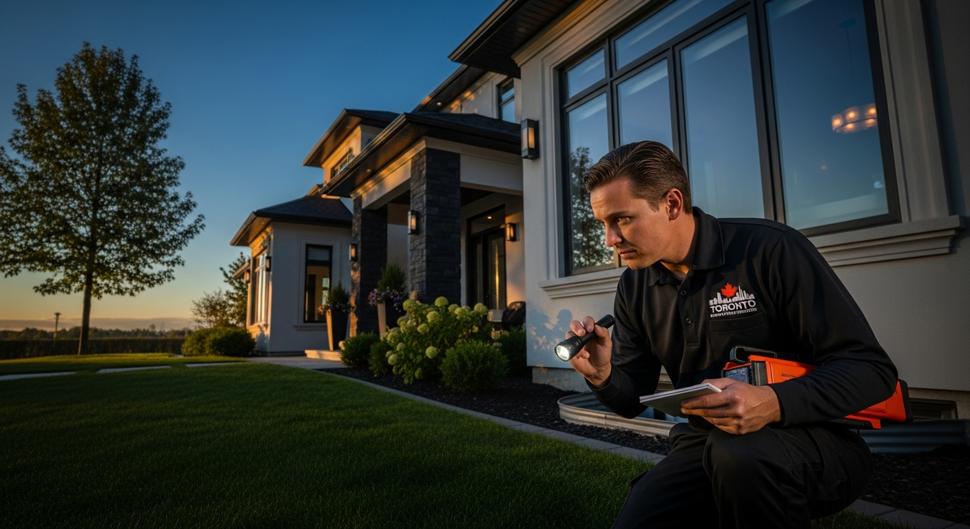 A professional Toronto pest control technician inspecting a luxury home exterior at golden hour