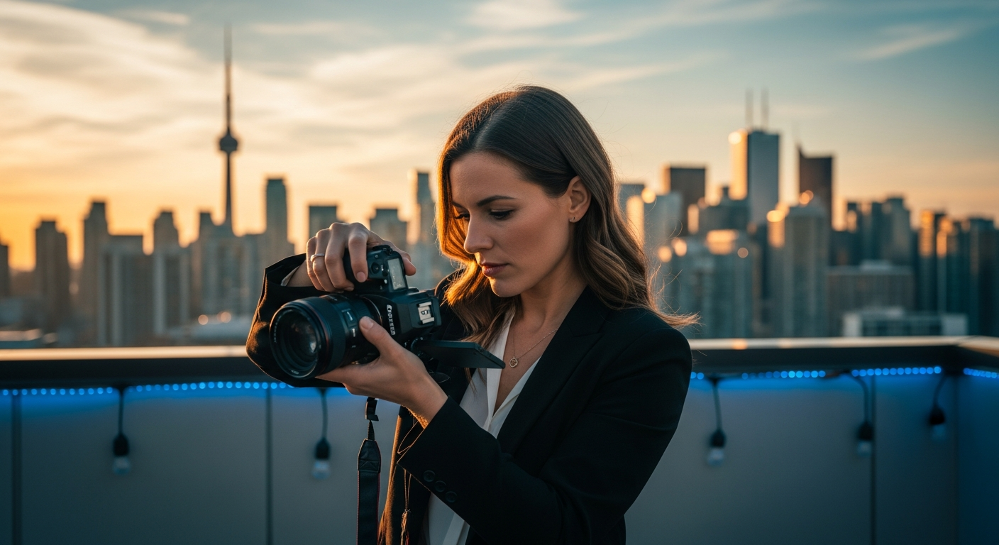 A premium Toronto wedding and brand photographer adjusting a professional camera at golden hour on a luxury King West rooftop