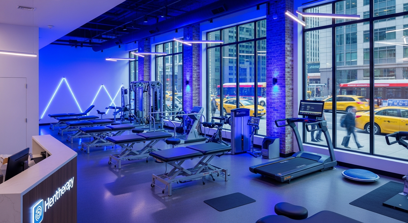 A premium Toronto physiotherapy clinic with treatment tables and sapphire ambient lighting
